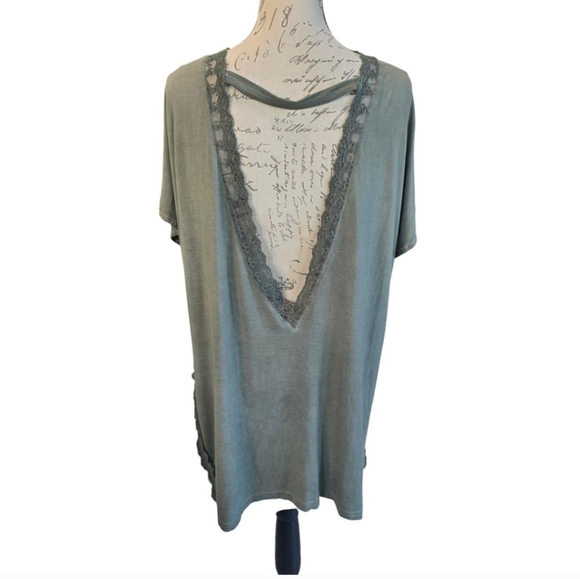 POL Sage Green Mineral Wash Lace-Trimmed Open Cardigan Tunic Duster Top - Picture 3 of 3